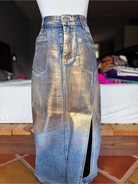 Metallic Gold-Overlay Denim Midi Skirt with Front Slit